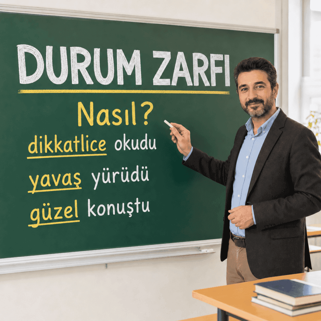 Tahtada durum zarfını ve “dikkatlice okudu, yavaş yürüdü, güzel konuştu” örneklerini anlatan öğretmen