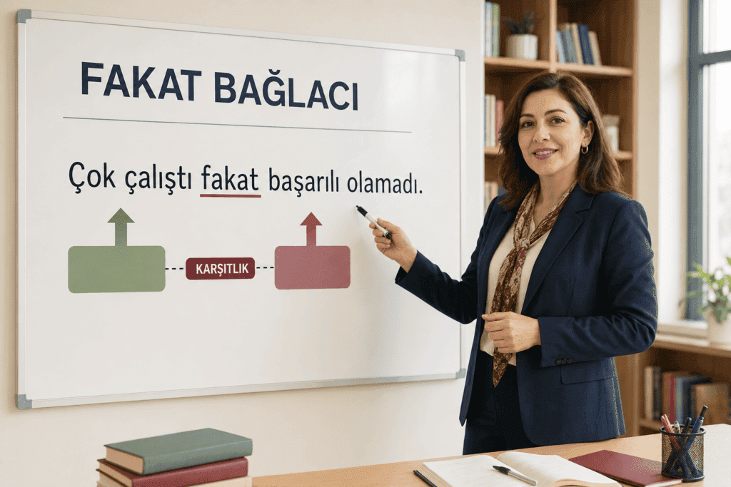 Fakat bağlacının karşıtlık görevini örnek cümleyle açıklayan kadın öğretmen