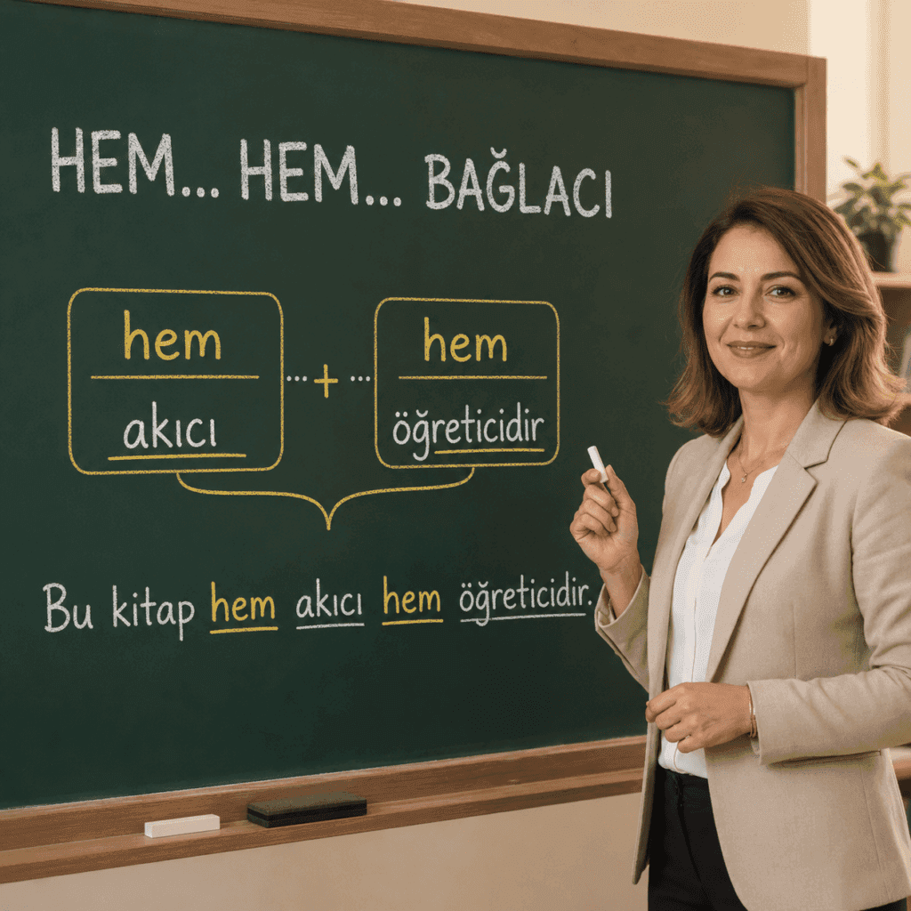 Hem hem bağlacını örnek cümlelerle açıklayan kadın öğretmen görseli.