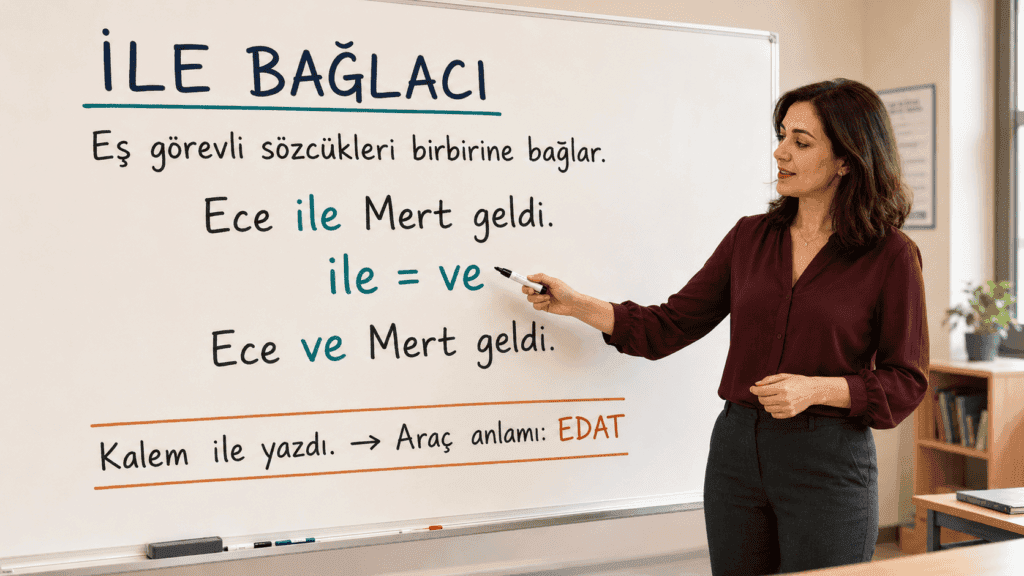 İle bağlacı ile ile edatı arasındaki farkı örneklerle anlatan kadın öğretmen