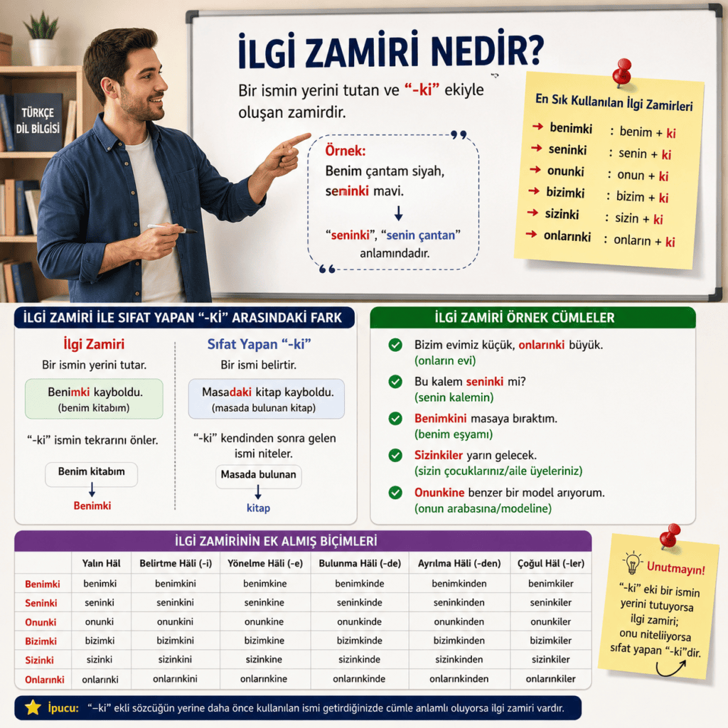 İlgi zamiri konu anlatımı yapan öğretmen ve ilgi zamiri örnekleri