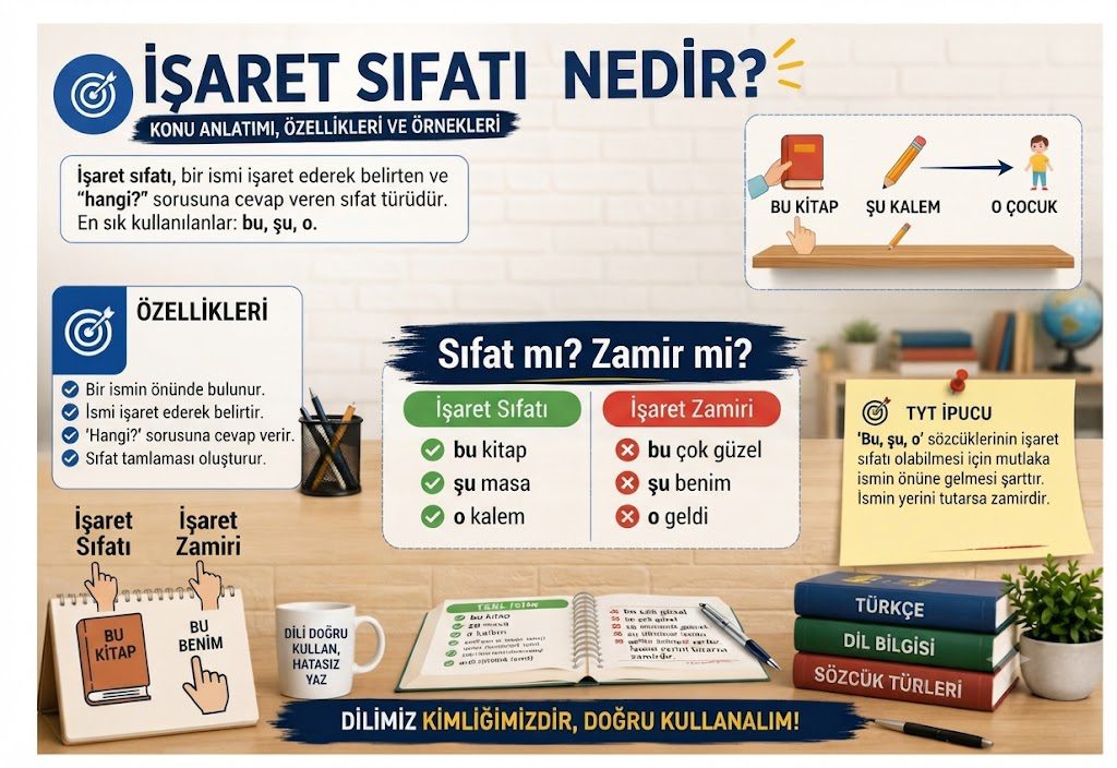 İşaret sıfatı konu anlatımını, özelliklerini, örneklerini ve işaret zamiri ile farkını gösteren görsel