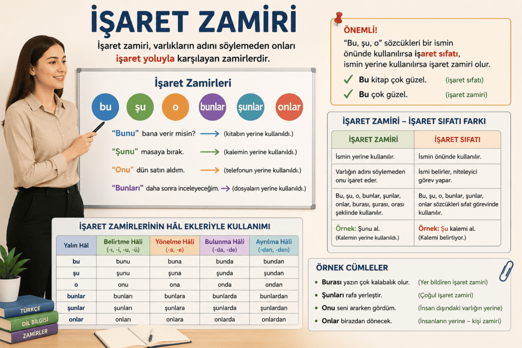 İşaret zamiri konu anlatımını gösteren öğretmen ve işaret zamirleri tablosu