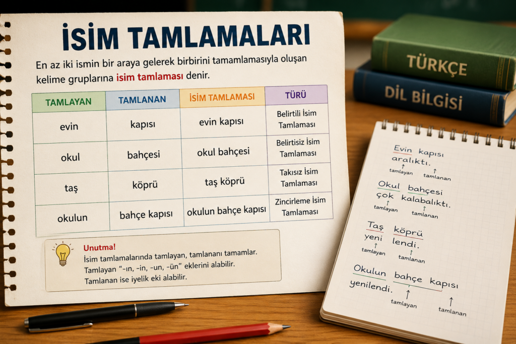 İsim tamlamaları konu anlatımı, tamlayan ve tamlanan, isim tamlaması türleri ve örnekleri