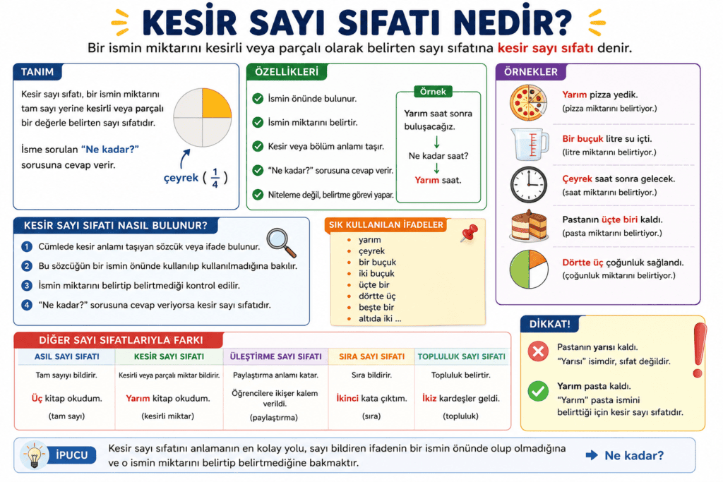 Kesir sayı sıfatı örnekleri ve özelliklerini açıklayan eğitim görseli