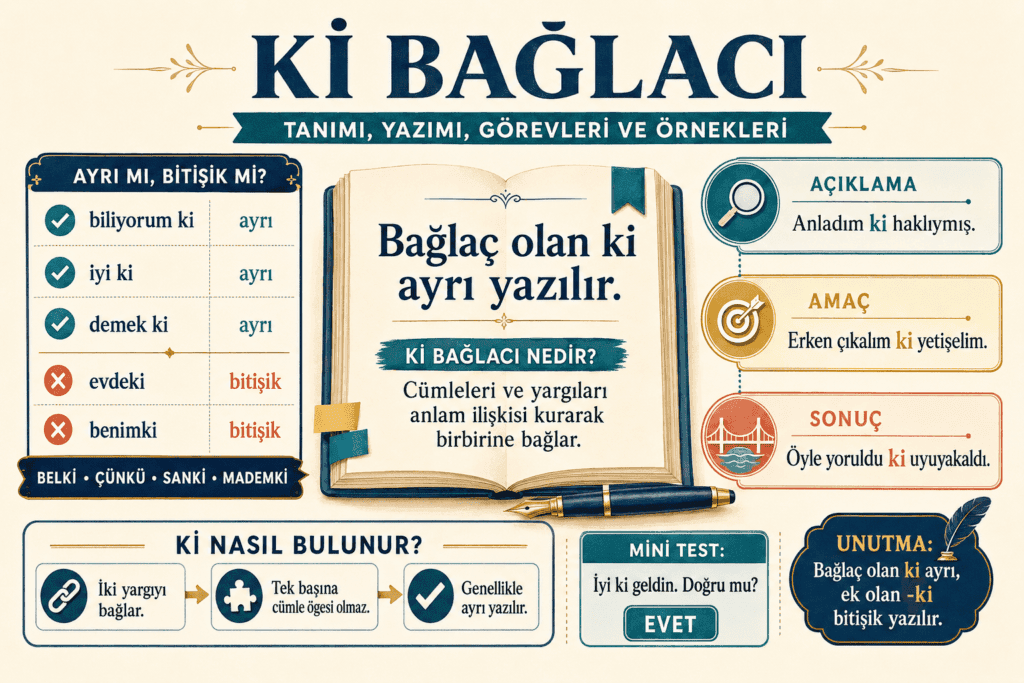 Ki bağlacının ayrı yazımı, cümledeki görevleri ve ek olan -ki ile farkını gösteren eğitim görseli.