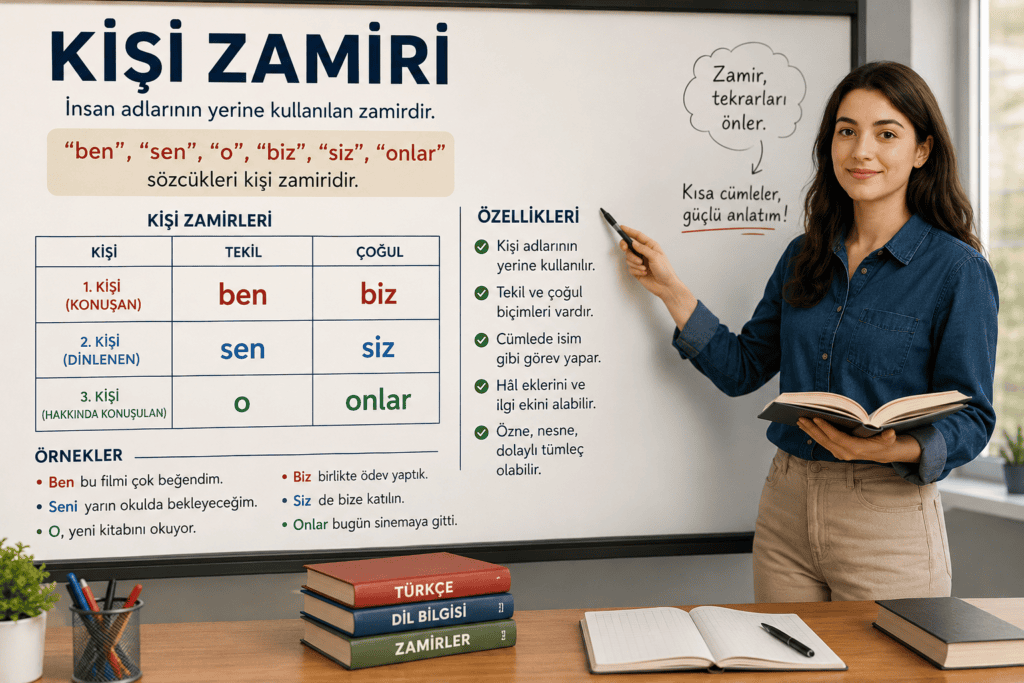 Kişi zamiri konu anlatımını gösteren öğretmen ve kişi zamirleri tablosu