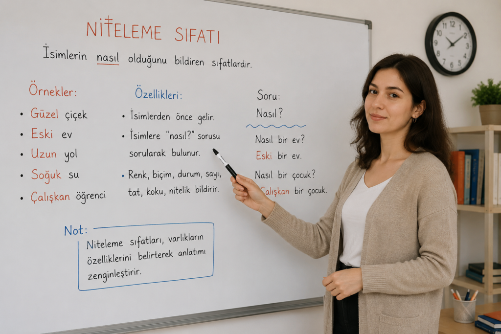 Niteleme sıfatı örnekleri ve özelliklerini gösteren eğitim görseli