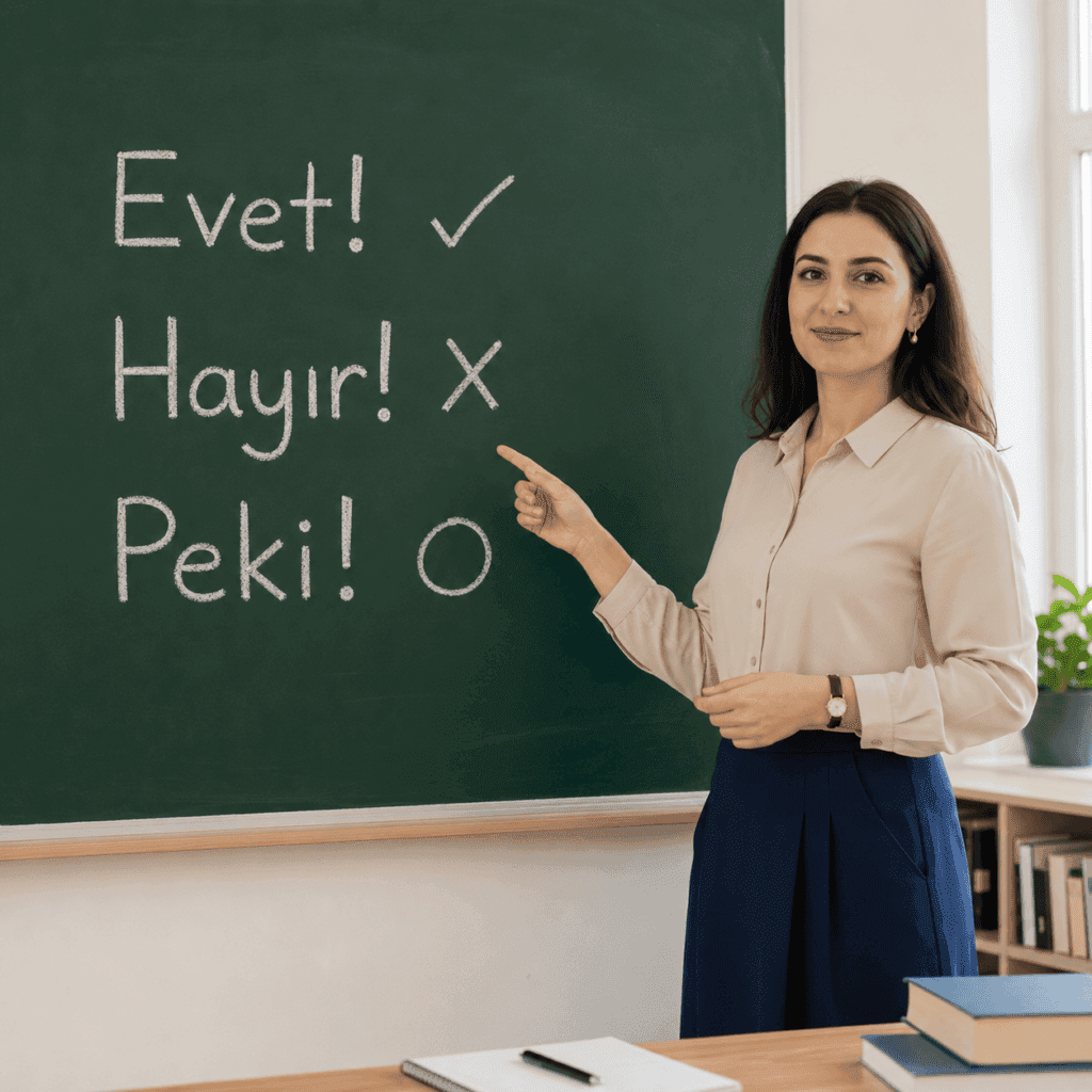 Onay ve ret bildiren evet, hayır ve peki ünlemlerini tahtada anlatan öğretmen