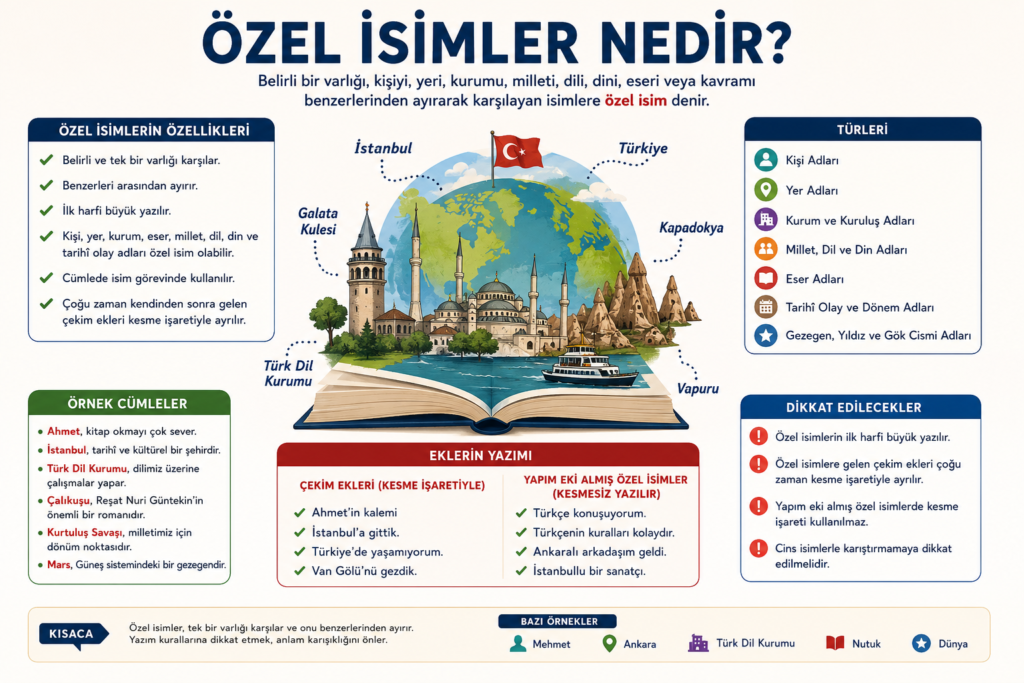 Özel isim türlerini gösteren konu anlatımı görseli