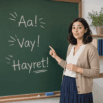 Şaşkınlık bildiren aa, vay ve hayret ünlemlerini tahtada anlatan öğretmen