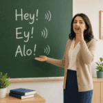 Seslenme bildiren hey, ey ve alo ünlemlerini tahtada anlatan öğretmen
