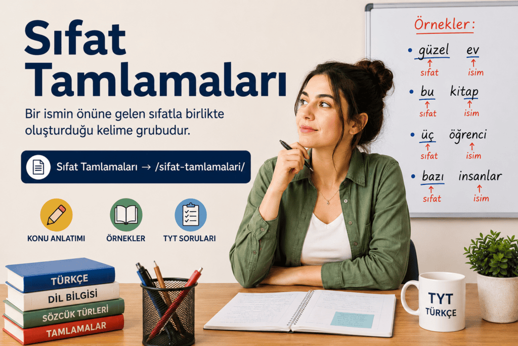 Sıfat tamlamaları konu anlatımı için hazırlanmış öğretmen ve örneklerin yer aldığı eğitim görseli