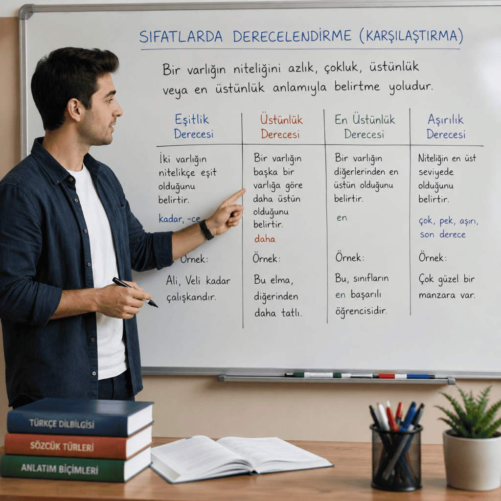 Sıfatlarda derecelendirme konusunu anlatan, karşılaştırma sıfatları ve derecelendirme örneklerini gösteren eğitim görseli.