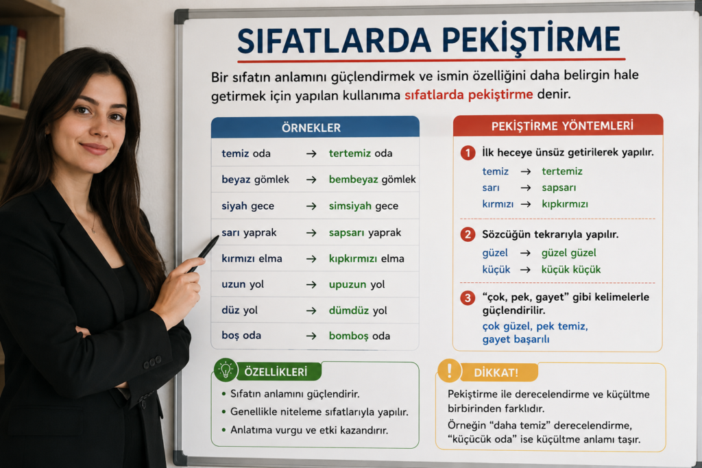 Sıfatlarda pekiştirme örnekleri ve pekiştirilmiş sıfat kullanımını gösteren eğitim görseli