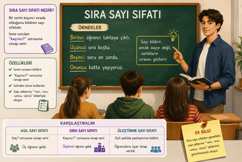 Sıra sayı sıfatını anlatan öğretmenin tahtada birinci, üçüncü ve beşinci örneklerini açıkladığı eğitim görseli