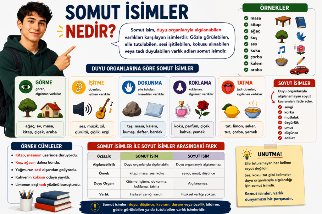 Somut isim nedir? Duyu organlarıyla algılanabilen varlıkları ve somut isim örneklerini gösteren konu anlatımı görseli.