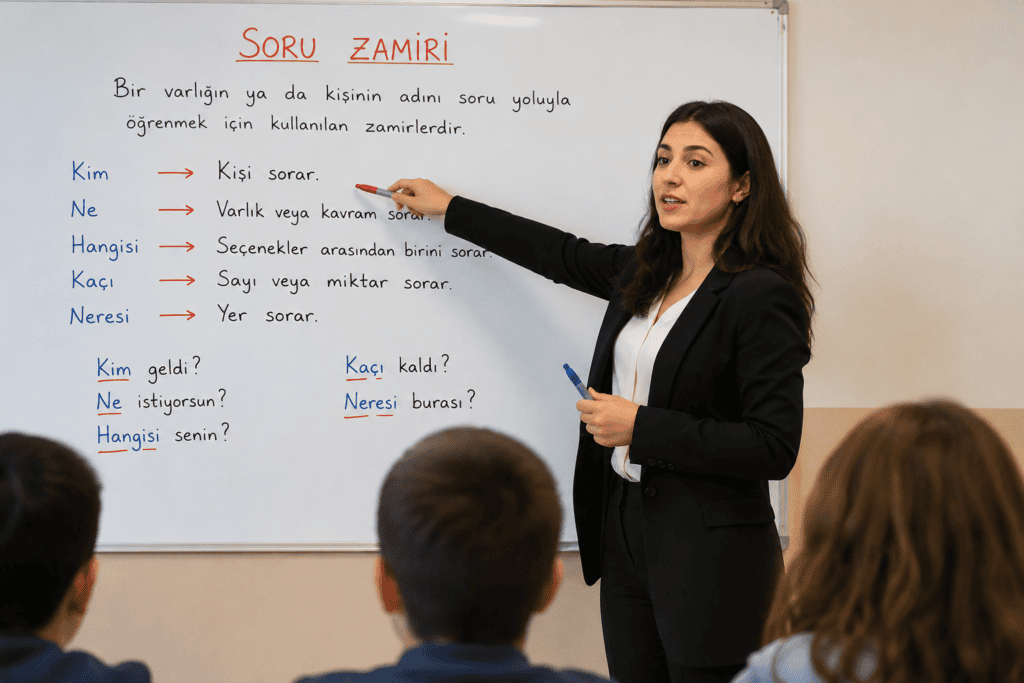 Soru zamiri konu anlatımı yapan öğretmen ve soru zamiri örnekleri