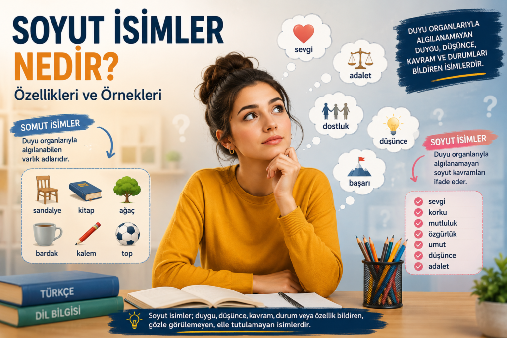 Soyut isim nedir? Sevgi, umut, adalet ve düşünce gibi soyut isim örneklerini gösteren konu anlatımı görseli.