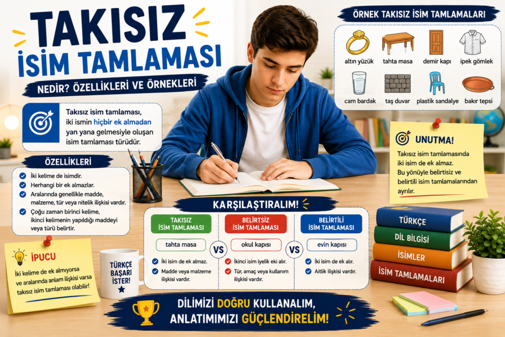 Takısız isim tamlamasını örnekler ve karşılaştırmalarla anlatan konu anlatımı görseli