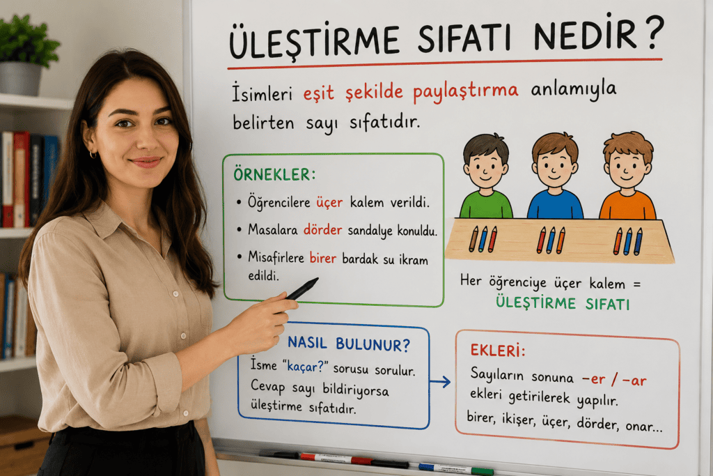 Üleştirme sıfatı konu anlatımını ve örneklerini anlatan öğretmen görseli