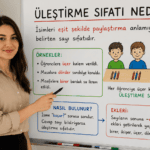 Üleştirme sıfatı konu anlatımını ve örneklerini anlatan öğretmen görseli
