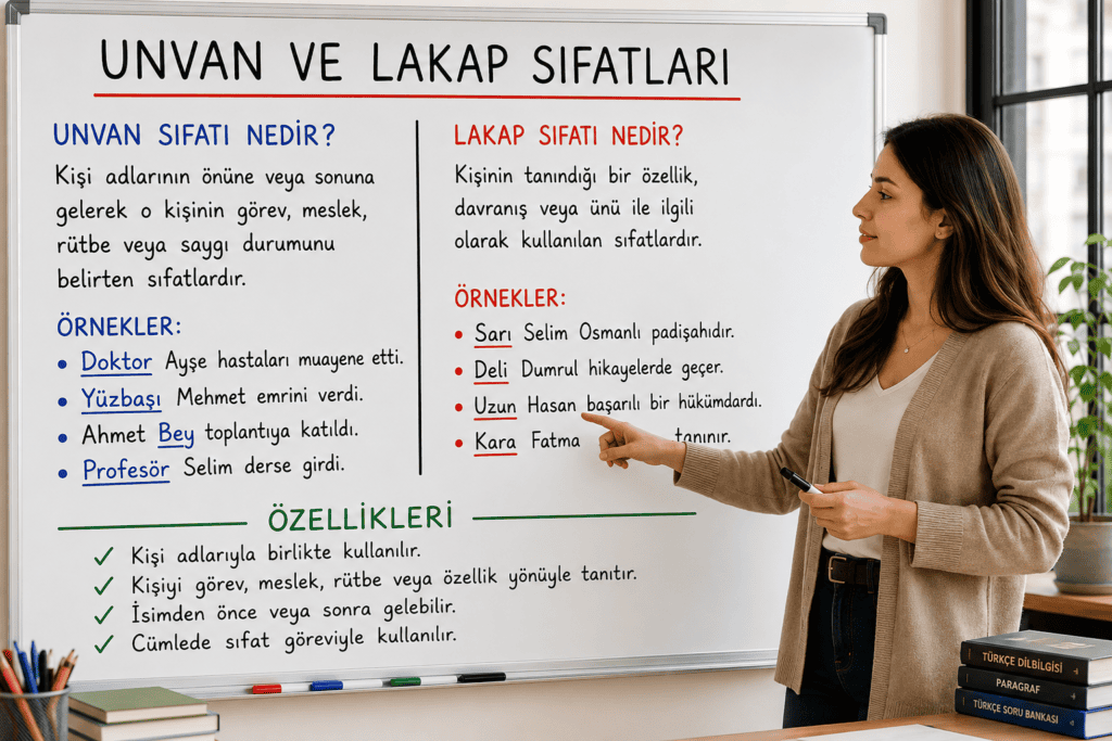Unvan ve lakap sıfatları konusunu anlatan, unvan sıfatı ve lakap sıfatı örneklerini gösteren eğitim görseli.