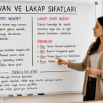 Unvan ve lakap sıfatları konusunu anlatan, unvan sıfatı ve lakap sıfatı örneklerini gösteren eğitim görseli.
