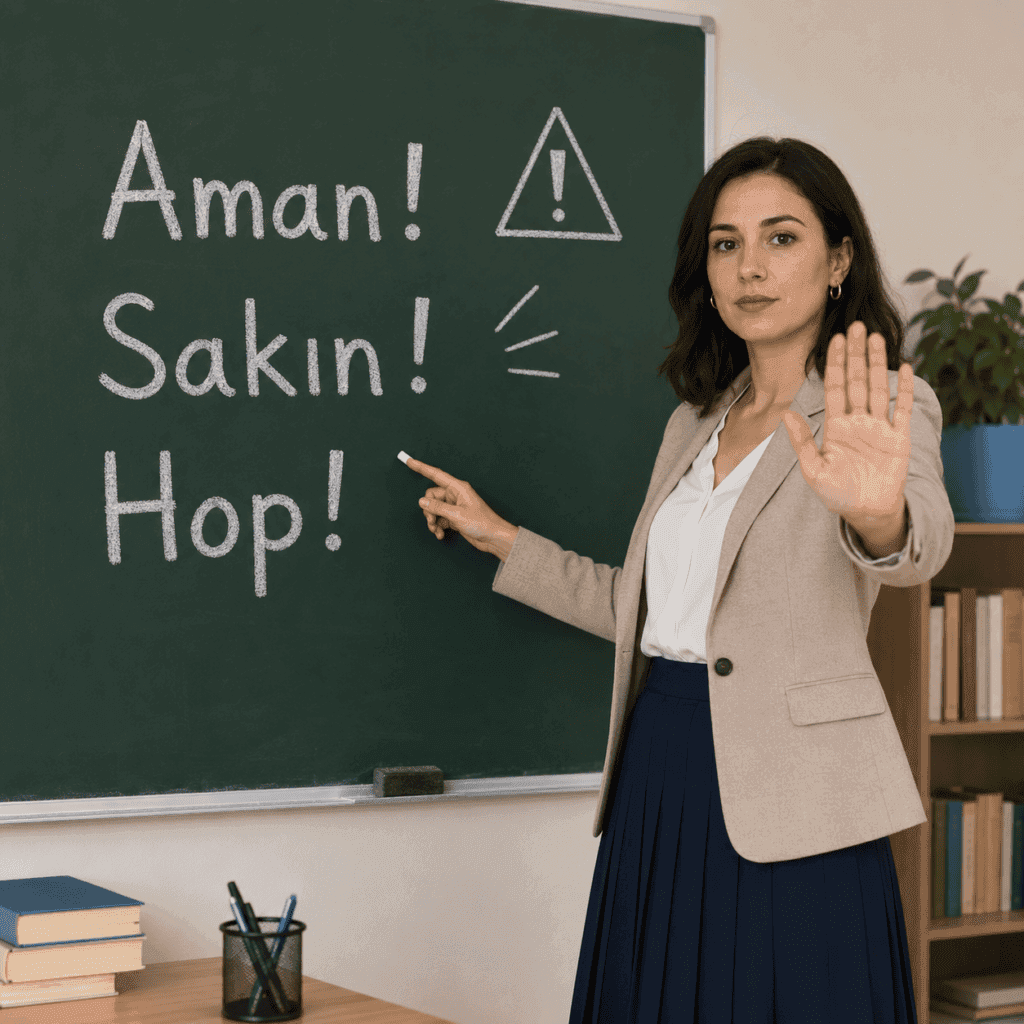 Uyarı ve emir bildiren aman, sakın ve hop ünlemlerini tahtada anlatan öğretmen