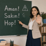 Uyarı ve emir bildiren aman, sakın ve hop ünlemlerini tahtada anlatan öğretmen