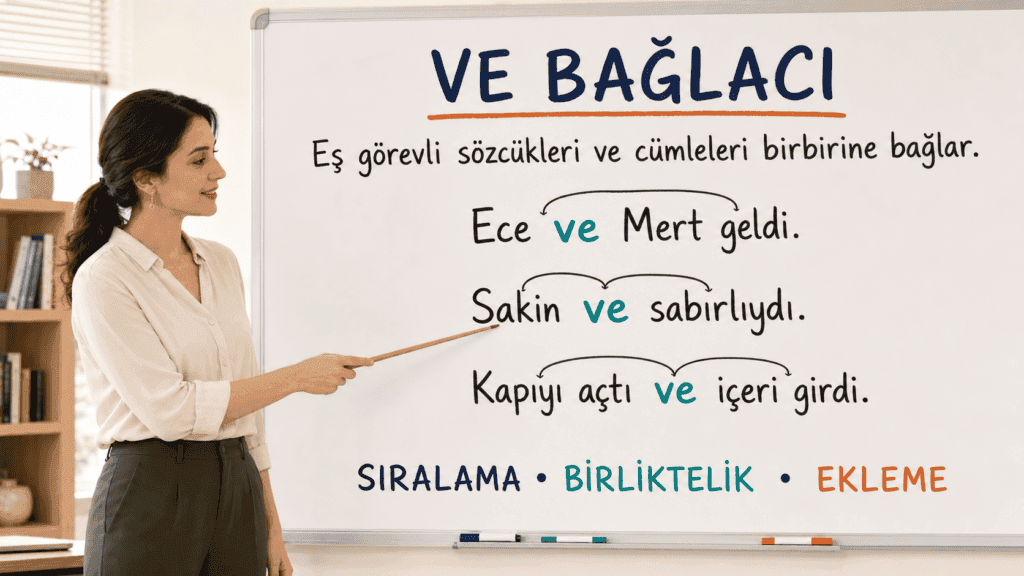 Ve bağlacını sıralama, birliktelik ve ekleme örnekleriyle anlatan kadın öğretmen