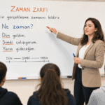 Zaman zarfı konusunu örnek cümlelerle anlatan öğretmen