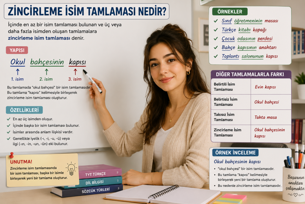Zincirleme isim tamlamasını örnekler ve karşılaştırmalarla anlatan konu anlatımı görseli
