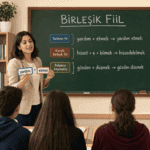 Birleşik fiillerin türlerini ve kuruluşunu örneklerle açıklayan öğretmen ve sınıf tahtası görseli.