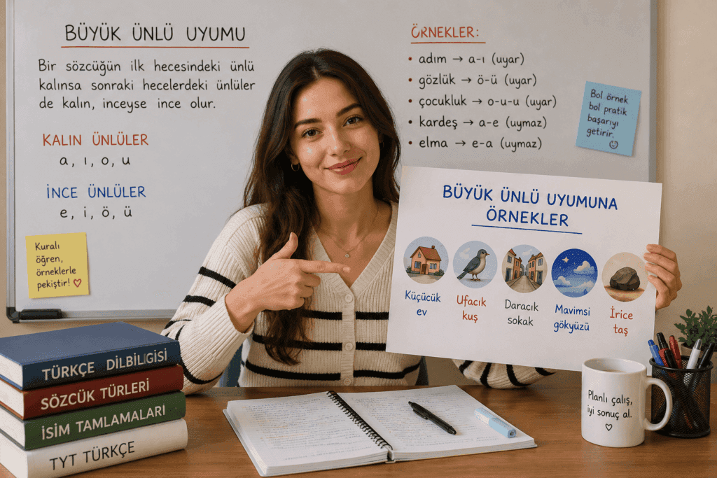 Büyük ünlü uyumu kuralları, kalın ve ince ünlüler ile örnekleri anlatan Türkçe dersi görseli