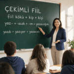 Çekimli fiilin yapısını fiil kökü, kip ve kişi ekleriyle gösteren eğitim görseli