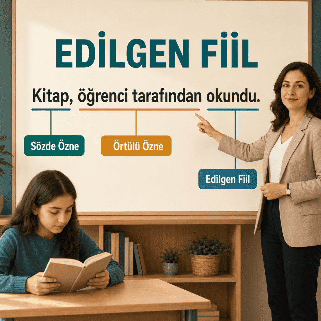 Edilgen fiilde sözde özne, örtülü özne ve yüklem ilişkisini örnek cümleyle açıklayan eğitim görseli