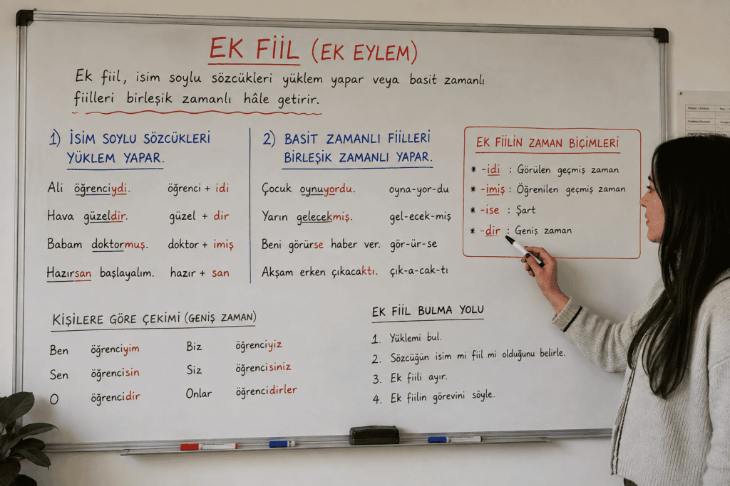 Ek fiilin görevlerini, çekimini ve birleşik zamanlı fiillerde kullanımını örneklerle anlatan sınıf içi eğitim görseli