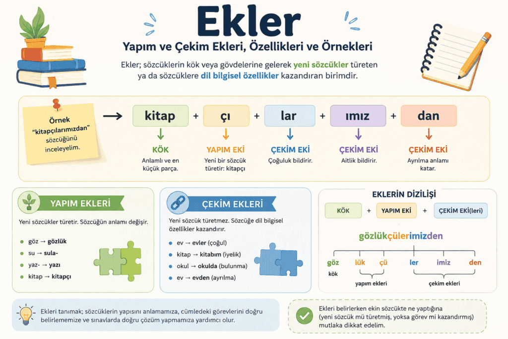 Yapım ve çekim eklerini, eklerin görevlerini ve sözcüklerin eklerine ayrılışını örneklerle gösteren Türkçe dil bilgisi görseli