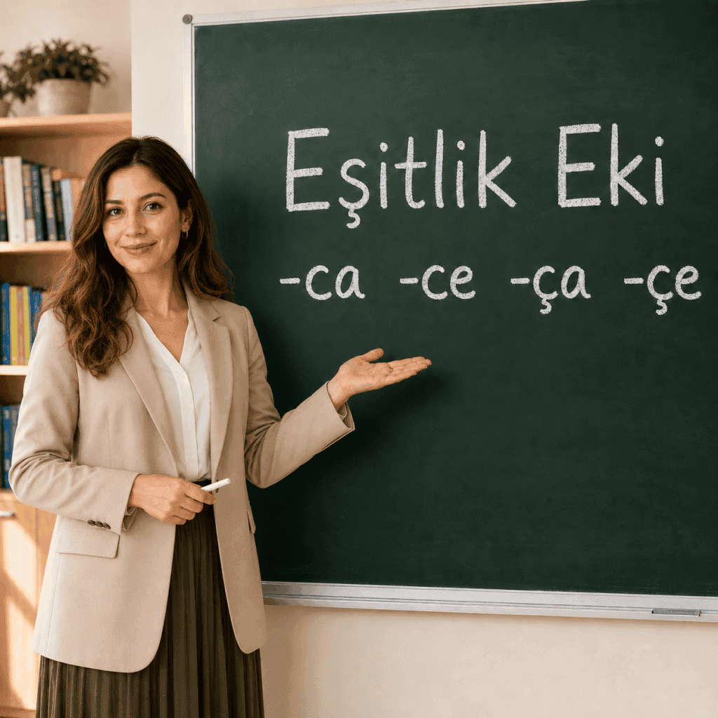 Eşitlik eki nedir? -ca, -ce, -ça ve -çe kullanımını tahtada anlatan Türkçe öğretmeni
