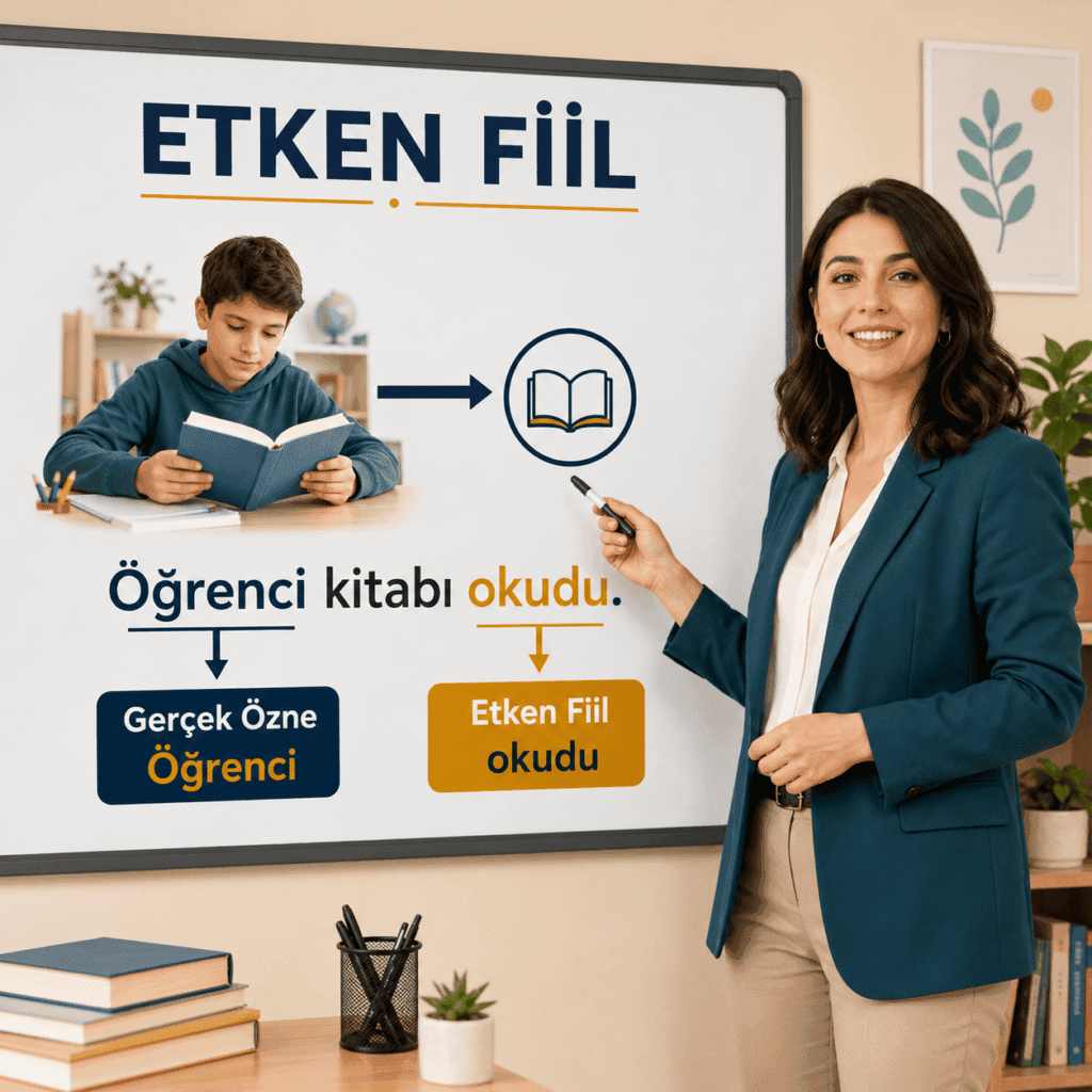 Etken fiilde gerçek özne ile eylem arasındaki ilişkiyi örnek cümleyle açıklayan eğitim görseli