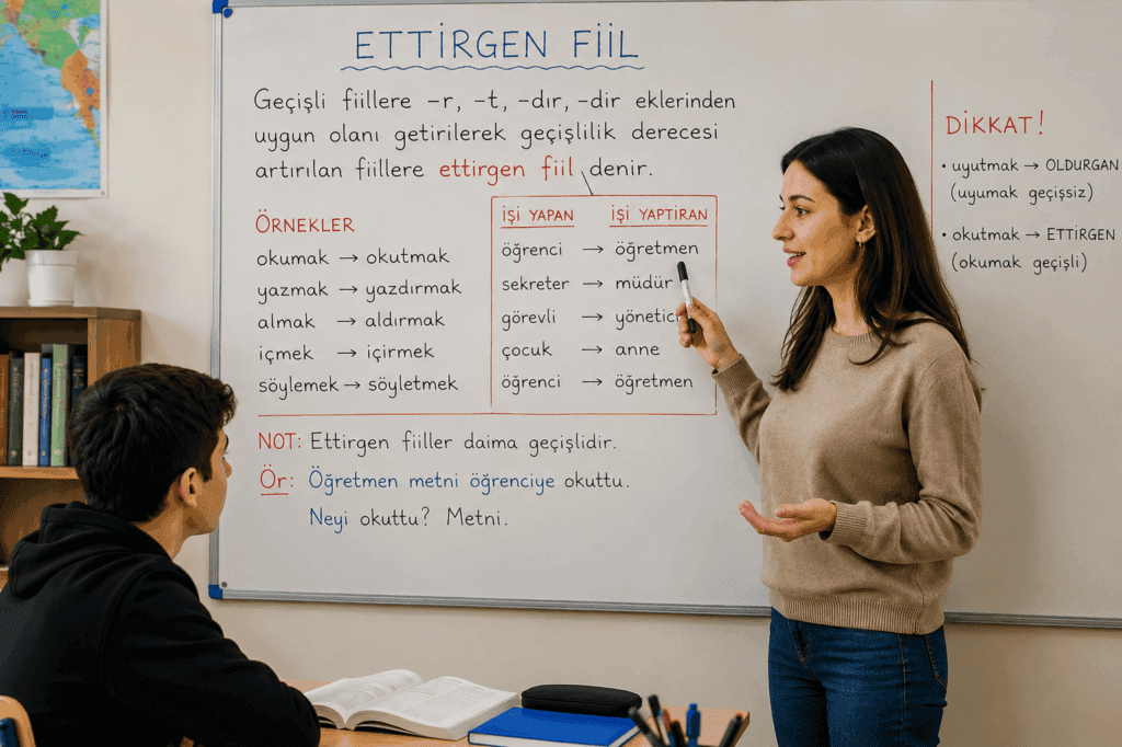 Ettirgen fiilin oluşumunu, eklerini ve oldurgan fiilden farkını örneklerle anlatan sınıf içi eğitim görseli