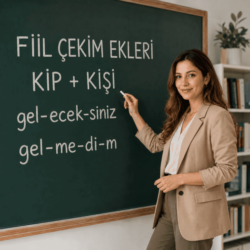 Fiil çekim eklerini anlatan Türkçe öğretmeni