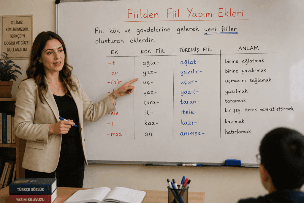 Fiilden fiil yapım eklerini örneklerle tahtada anlatan Türkçe öğretmeni