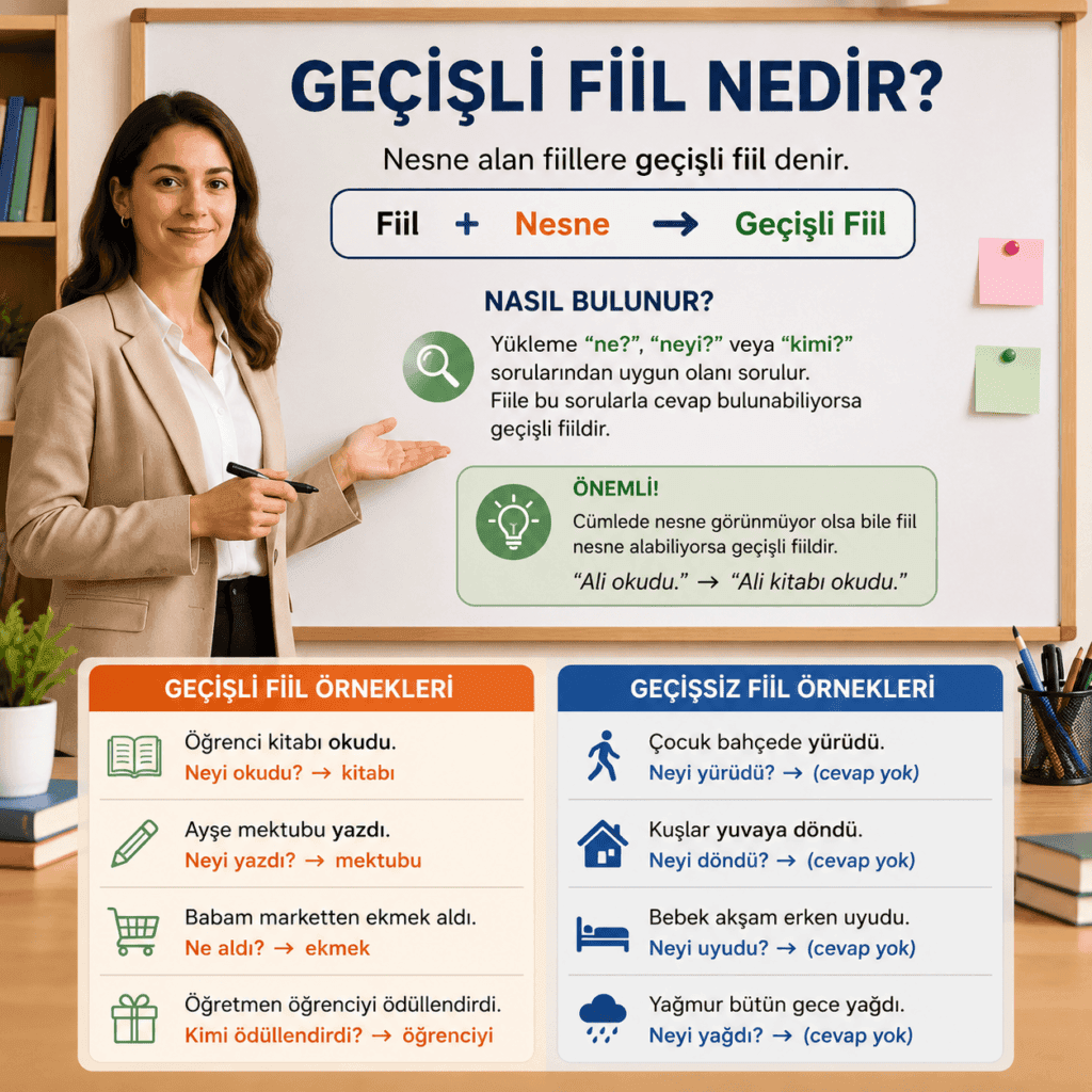 Geçişli fiil nedir ve nasıl bulunur? Nesne alan fiilleri örneklerle açıklayan görsel