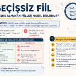 Geçişsiz fiilin tanımını, nasıl bulunduğunu, geçişli fiille farkını ve dikkat edilmesi gereken noktaları örneklerle açıklayan görsel.