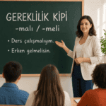 Gereklilik kipini ve -malı/-meli ekini örneklerle anlatan kadın öğretmen