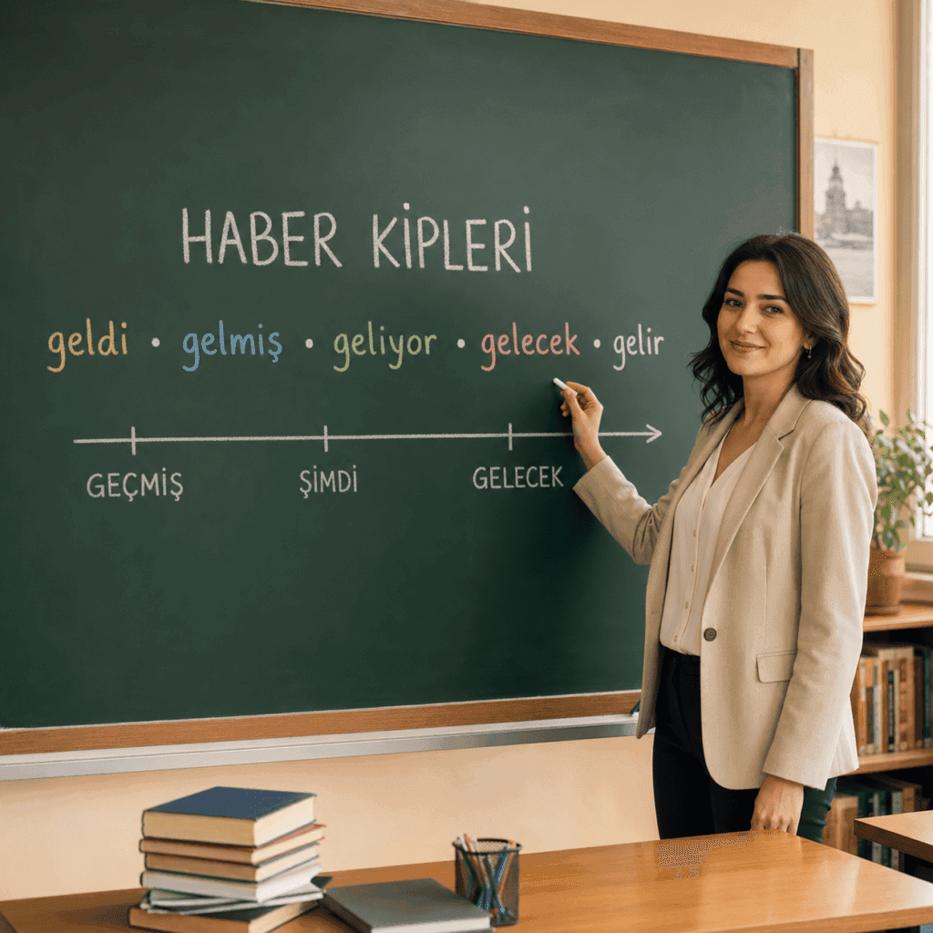 Haber kiplerini geçmiş, şimdiki, gelecek ve geniş zaman örnekleriyle açıklayan eğitim görseli.