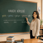 Haber kiplerini geçmiş, şimdiki, gelecek ve geniş zaman örnekleriyle açıklayan eğitim görseli.