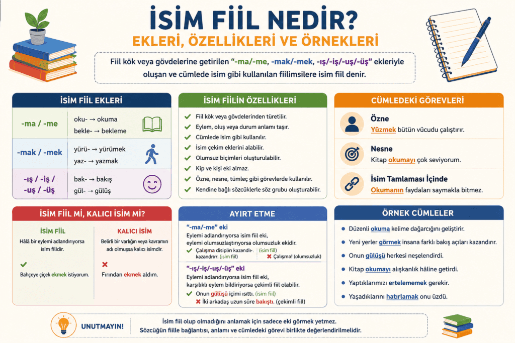 İsim fiil eklerini ve örneklerini sınıf ortamında anlatan Türkçe dil bilgisi eğitim görseli